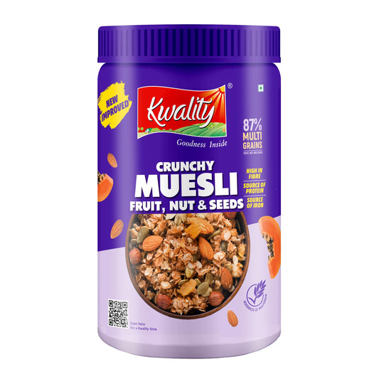 KWALITY Muesli Fruit, Nut & Seeds 900g Jar - 87% Multigrain, No Maida, High in Fiber & Protein