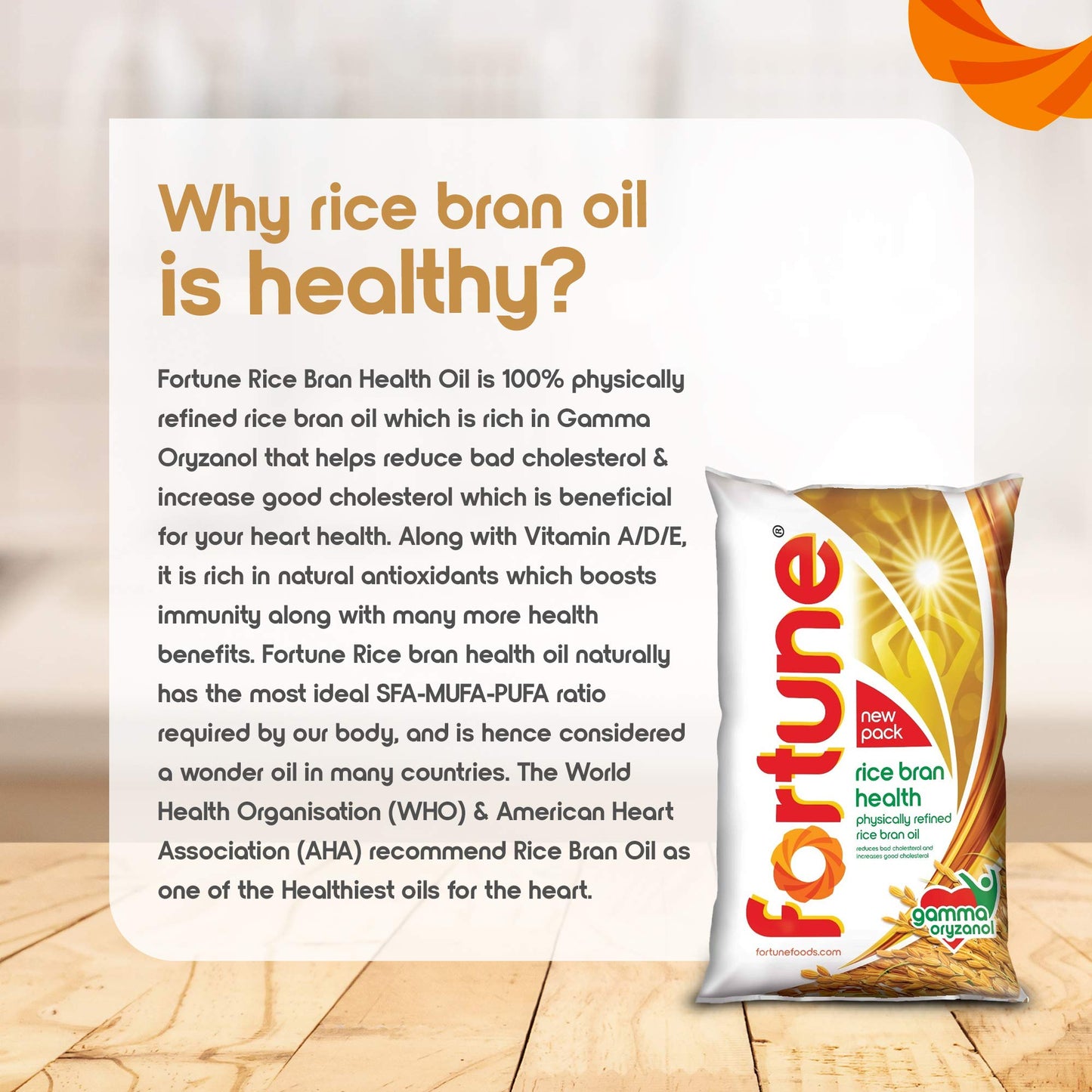 Fortune Rice Bran Oil, 870gm Pouch - Heart Healthy Cooking Oil