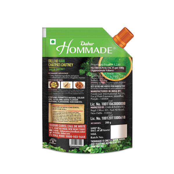 Dabur Hommade Hari Chatpati Chutney, 200g - Tangy Coriander Dip