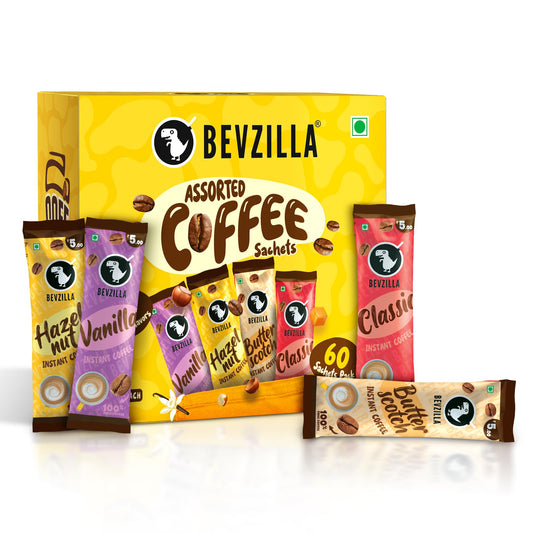 Bevzilla Instant Coffee Powder Sachets - 60 Pouches, 4 Flavours, Arabica