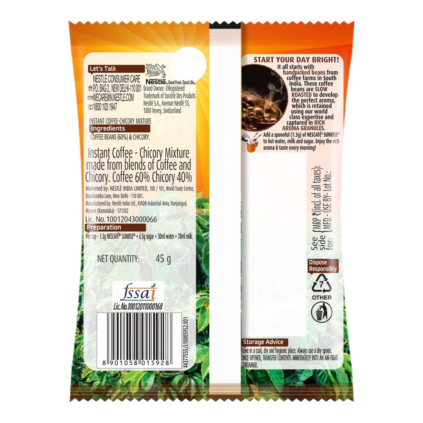 Nescafe Sunrise Instant Coffee Powder, 45g/50g Pouch - Coffee Chicory Mix