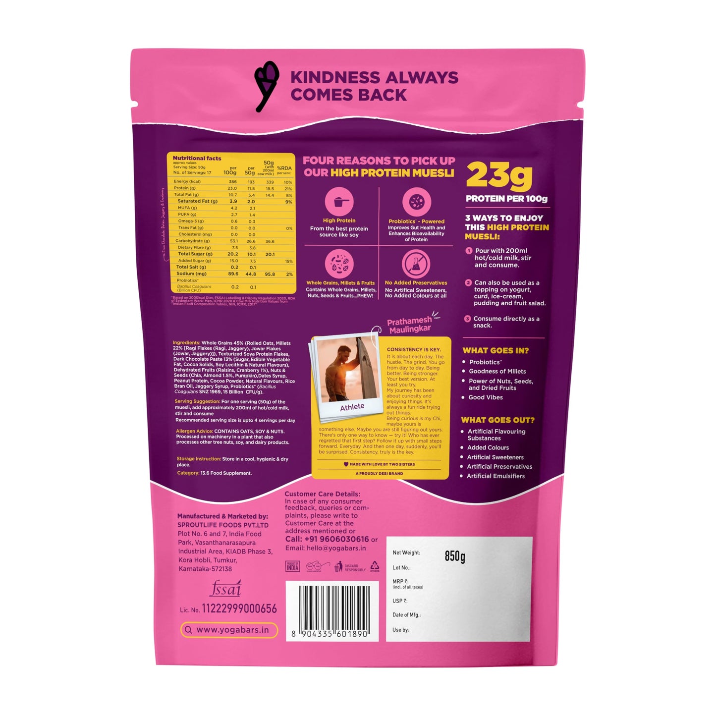 Yogabar Protein Muesli 850g | 21g Protein | Gluten Free | Probiotics