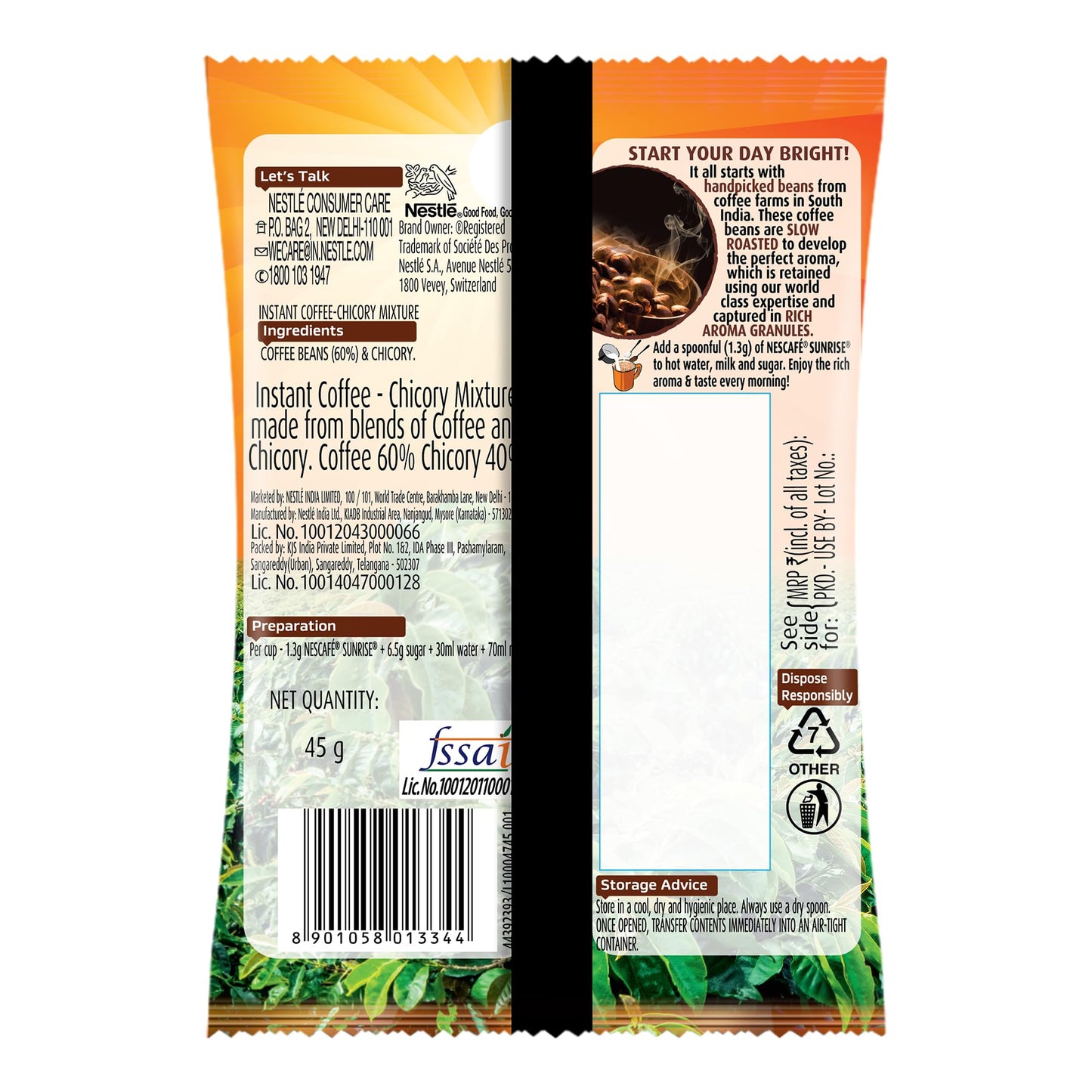 Nescafe Sunrise Instant Coffee Powder, 45g/50g Pouch - Coffee Chicory Mix