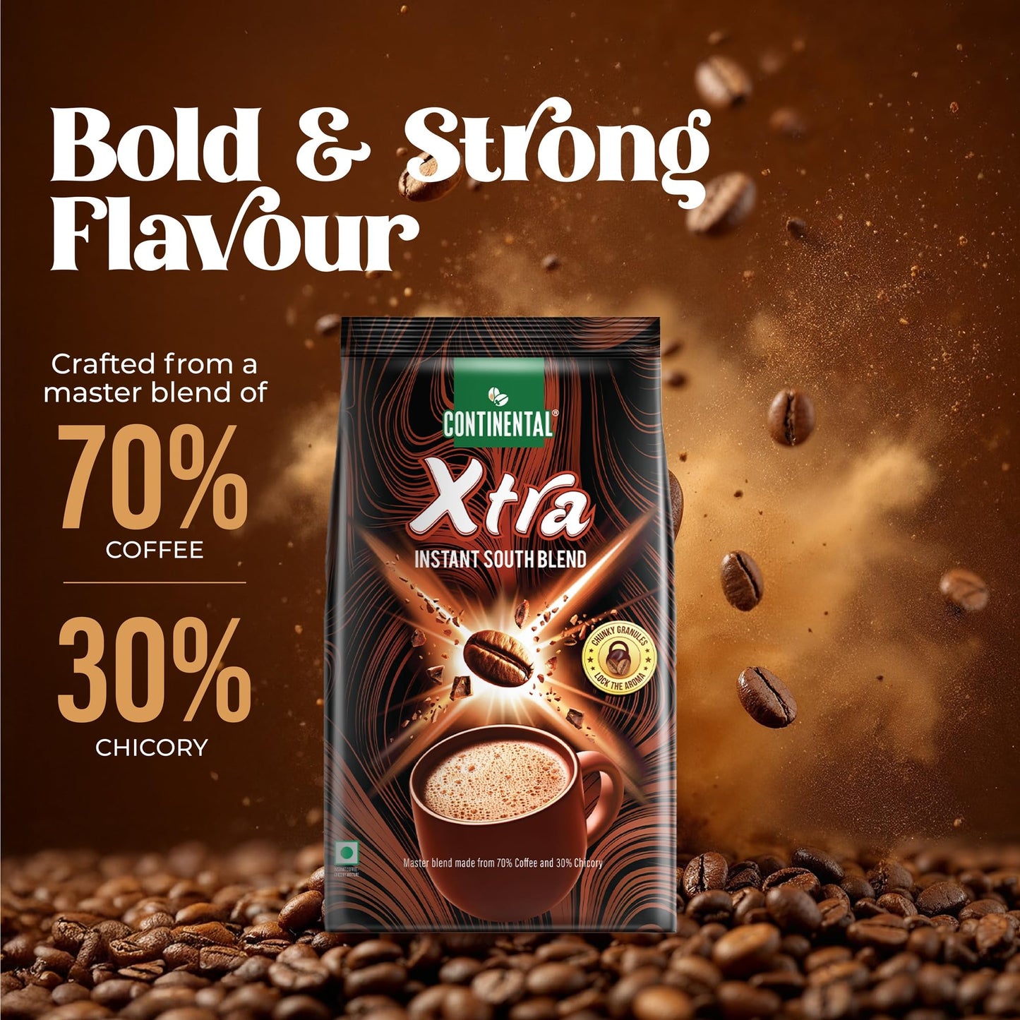 Continental Coffee Xtra Instant Coffee Powder | 200g Pouch | 70% Coffee 30% Chicory | Medium Roast