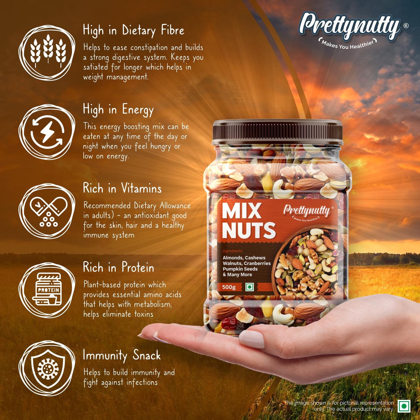 PrettyNutty Dried Fruits, Nuts & Seeds 500g Jar - Almonds, Cashews, Cranberries & More