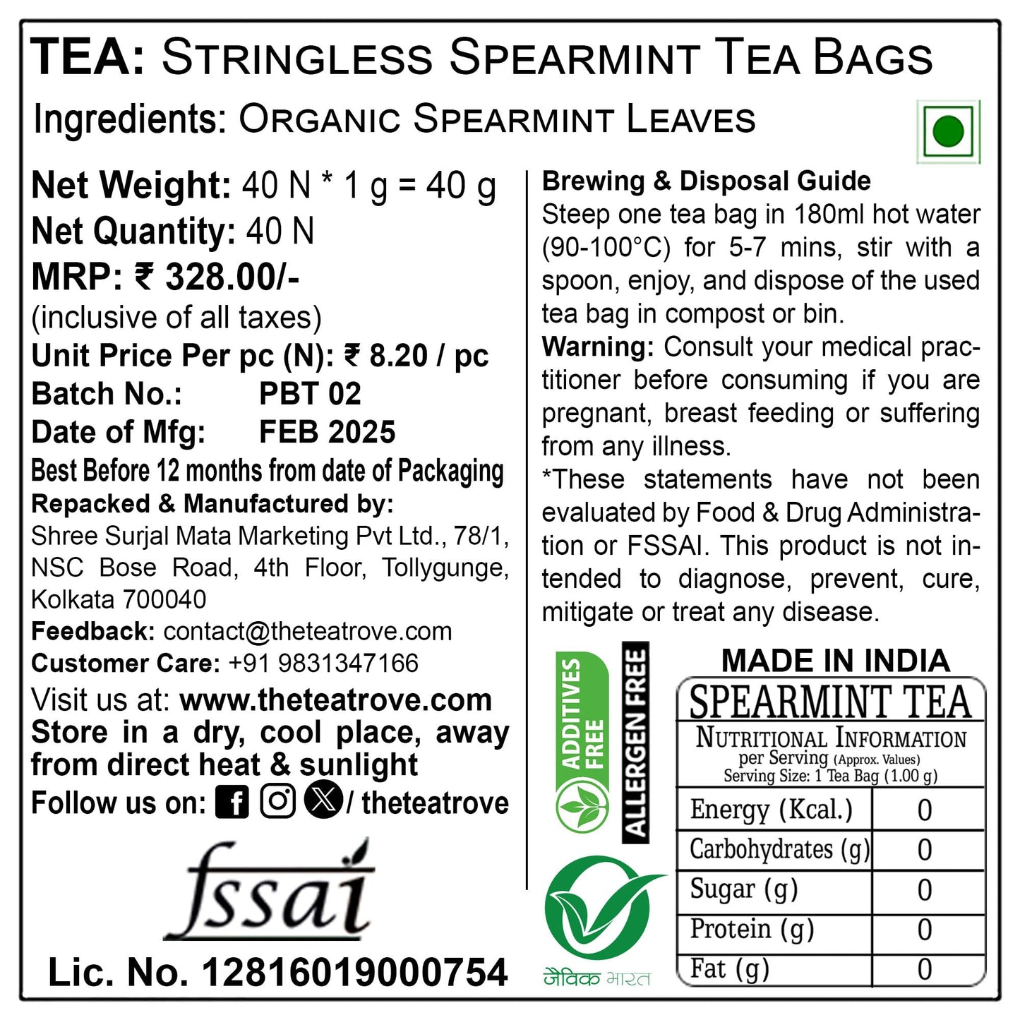 The Tea Trove Organic Spearmint Tea Bags - 40 Eco-Friendly Bags, 0.04 Kg