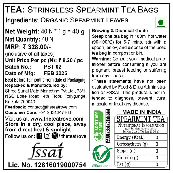 The Tea Trove Organic Spearmint Tea Bags - 40 Eco-Friendly Bags, 0.04 Kg