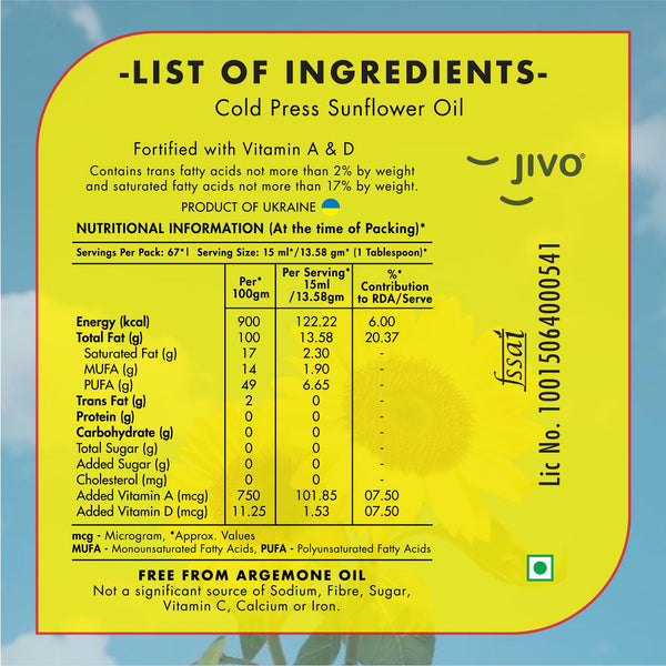 Jivo Cold Pressed Sunflower Oil - 5 Litres | Cooking & Baking Supplies | Rich in Vitamin E, Monounsaturated Fats