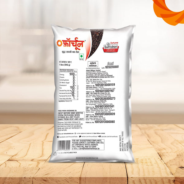 Fortune Kachi Ghani Mustard Oil, 1 Ltr Pouch - Rich in Omega 3 & 6