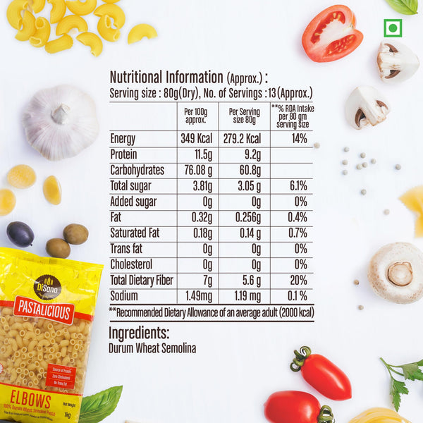 DISANO Elbows Pasta, 1Kg, 100% Durum Wheat, No Maida, Vegetarian