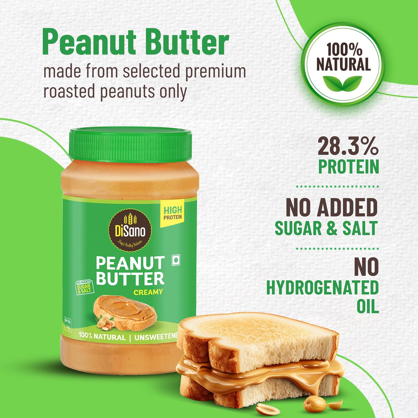 DiSano Creamy Peanut Butter 1kg - Gluten-Free Nut Spread, 30% Protein