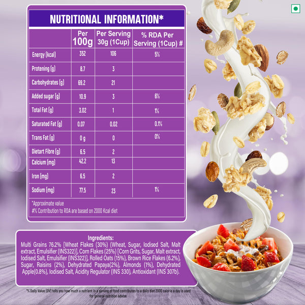KWALITY Muesli Fruit, Nut & Seeds 900g Jar - 87% Multigrain, No Maida, High in Fiber & Protein
